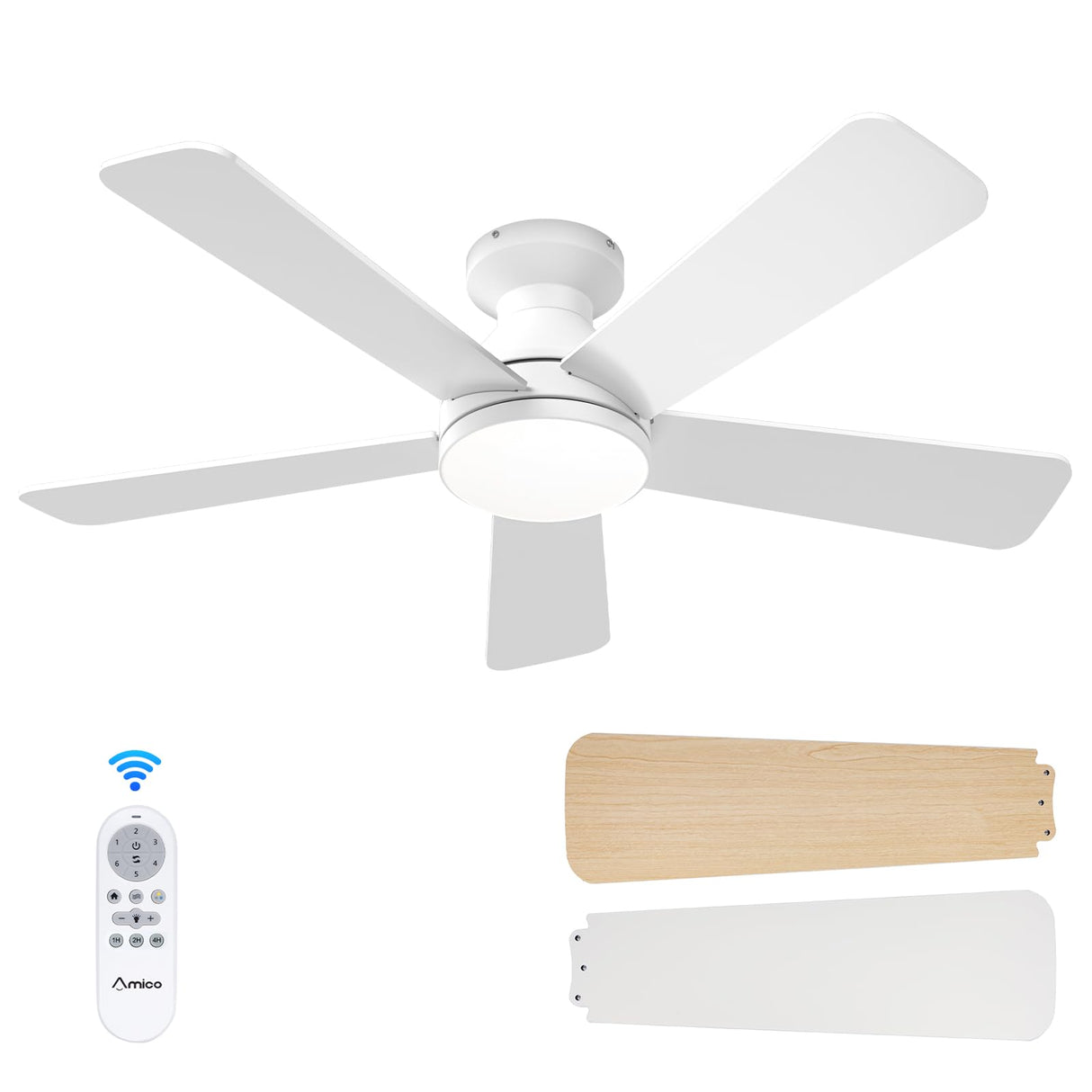 Amico Ceiling Fans with Lights, 42 Inch Low Profile Ceiling Fan with Light and Remote Control, Flush Mount, Reversible, 3CCT, Dimmable, Quiet, White Small Ceiling Fan for Bedroom Outdoor/Indoor Use Amico