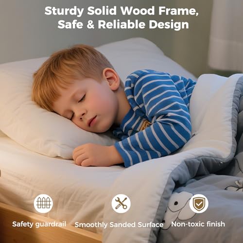 Vantic Low Bunk Bed with Guardrail and LED Light, Floor Toddler Bunk Bed Twin Over Twin with Wide Stairs, Convertible Soild Wooden Loft Bed for Kids with 6 Hooks, Space-Saving, Natural Wood Vantic