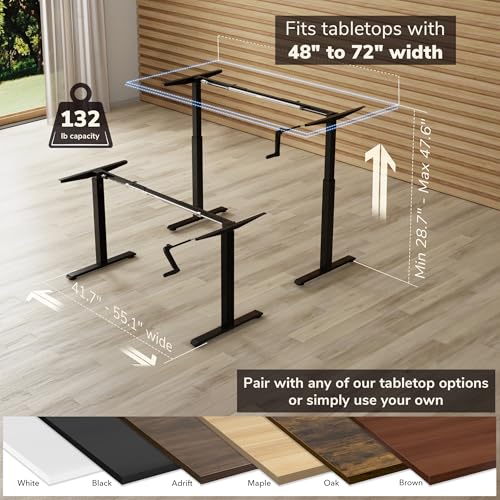 Mount-It! Manual Standing Desk Frame with Hand Crank, Adjustable Height Sit-Stand Desk Base for 48–72 Inch Tops, 132 lb Capacity, Power-Free Ergonomic Frame, Black (Frame Only) Mount-It!