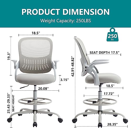 Smug Drafting Chair with Flip-up Arms, Height Adjustable Standing Tall Office Desk Chair with Foot Ring, Ergonomic Swivel Computer Chairs with Rolling Wheels, Grey SMUGDESK
