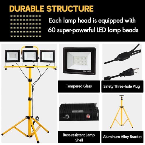21000 Lumen Work Lights with Stand, 3 Adjustable Head LED Work Light, with Adjustable and Foldable Tripod Stand, Waterproof Lamp with Individual Switch with 6500 Kelvin Color Temperature GUWELL