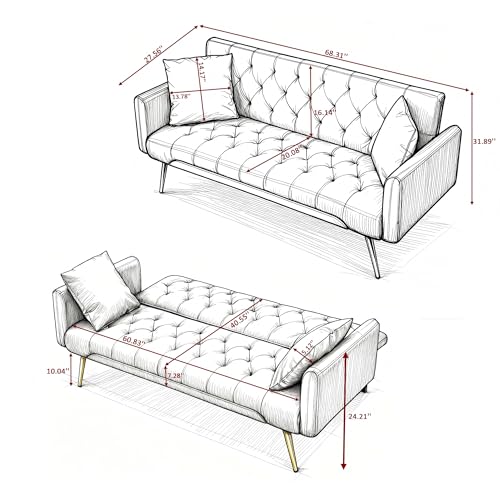 Anwick 72" Modern PU Leather Sofa Bed Futon,Convertible Folding Sleeper Bed Couches with 3 Adjustable Backrests,Tufted Recliner Loveseat with Golden Chrome Legs for Small Living Room Office (Brown) Anwick