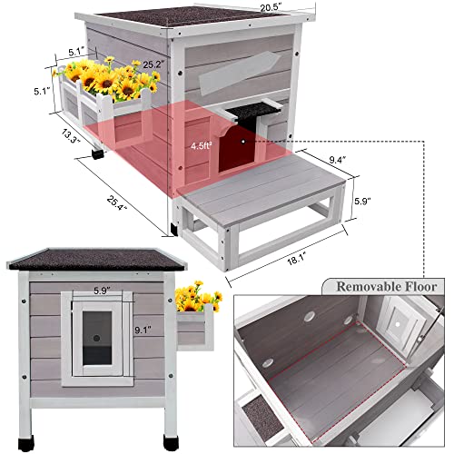 HiCaptain Outdoor Cat House, Weatherproof Feral Cat House with Escape Door, Outside Wooden Single Story Pet House for Cats, Puppies and Small Pet - Grey HiCaptain