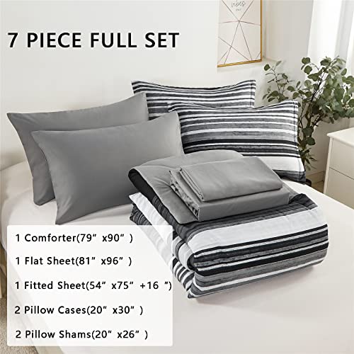 KAKIJUMN 7 Piece Bed in a Bag Stripe Comforter Set Full Size, White Grey Black Patchwork Striped Comforter and Sheet Set, All Season Soft Microfiber Complete Bedding Sets(Grey,Full) KAKIJUMN