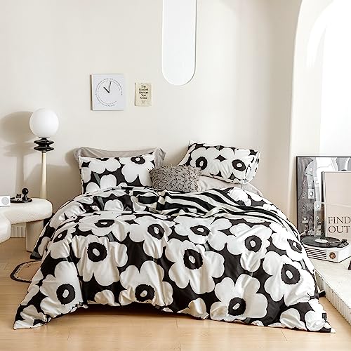 YuHeGuoJi Black Floral Duvet Cover King 100% Cotton 3 Pcs Set 1 Black and White Flower Duvet Cover with Zipper Ties 2 Pillowcases Farmhouse Cartoon Botanical Bedding Set Soft YuHeGuoJi