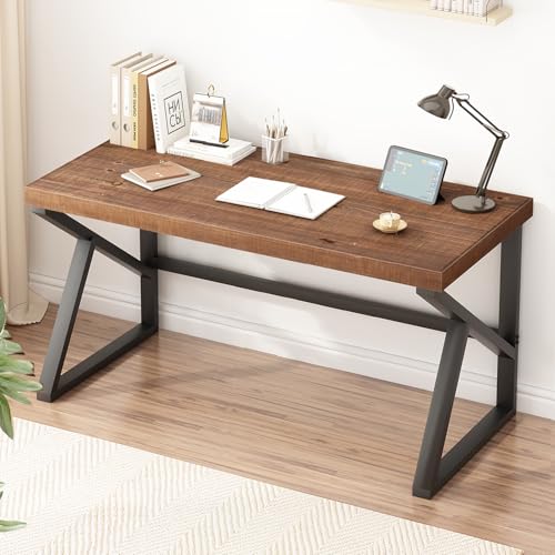 IBF Natural Real Wood Computer Desk, Rustic Writing Study Table for Student, Solid Wooden and Metal Gaming Home Office Desk, Farmhouse Industrial Modern Executive Work Desk Workstation, Brown, 55 Inch IBF