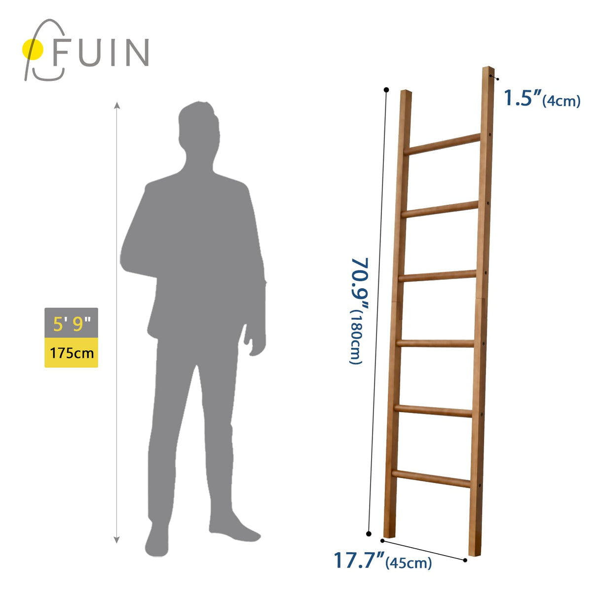 FUIN 6ft Wooden Natural Blanket Ladder Living Room Decorative Wall Leaning Farmhouse Quilt Display Holder Rustic Wood Towel Rack for Bathroom FUIN