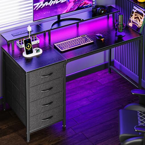 Huuger 47 Inch Computer Desk with Power Outlets and LED Lights, Gaming Desk with 4 Drawers, Office Desk with Monitor Stand, Study Desk Work Desk for Home Office, Small Spaces, Black Huuger