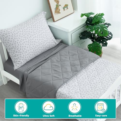 Biloban 4 Piece Toddler Bedding Set,Ultra Soft and Breathable Crib Bedding Set,Includes Quilted Comforter,Fitted Sheet,Flat Top Sheet and Envelope Pillowcase for Boys and Girls,Grey & Leaf Biloban