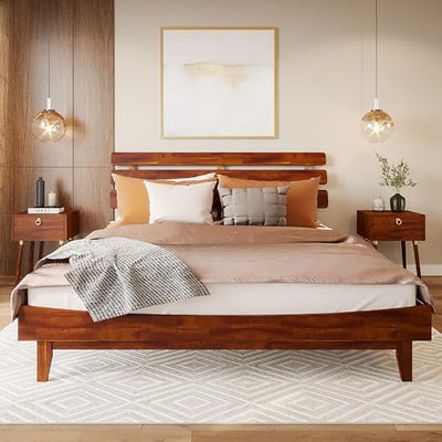 Bme Caden 15 Inch Adjustable King Bed Frame - Mid Century Acacia Wood Platform with Headboard, Dark Chocolate
