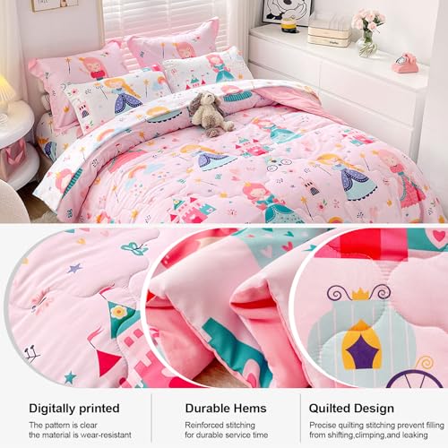 Wajade Kids Pink Princess Comforter Set Bed in A Bag Queen Size 7 Piece Princess Fairy Tales Castle Bedding Set for Girl (1 Comforter, 1 Flat Sheet, 1 Fitted Sheet, 2 Pillowcase and 2 Pillow Sham) Wajade