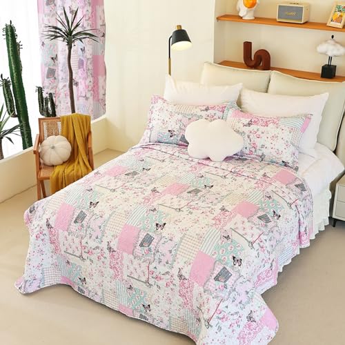 Cmfshape Garden Floral Bedding Set Twin,Reversible Quilted Bedspread,Pink Butterfly Quilt Set,Reversible Stitched Coverlet with 1 Pillow Sham(Twin68 x86 Pink) Cmfshape