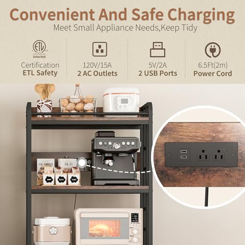 METYERRY Adjustable 4-Tier Heavy Duty Kitchen Baker's Rack with Power Outlet, with Industrial Wheels, Free Standing Microwave Oven Cart Stand for Storage in Living Room, Garage, Rustic Brown