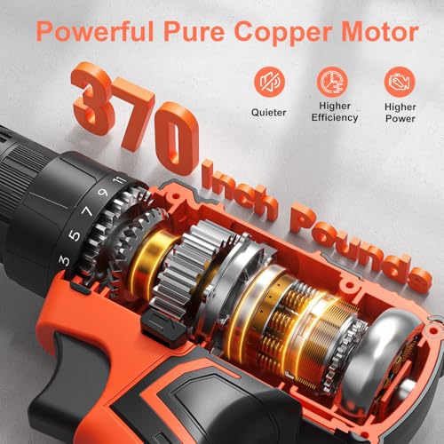 Cordless Drill, 20V Power Drill, Double 2000mAh Batteries Electric Drill, Cordless Drill with Battery and Charger, 3/8" Keyless Chuck Battery Drill with 25+1 Max 370 In-lb Torque, 42Pcs Drill Bits VIWKO