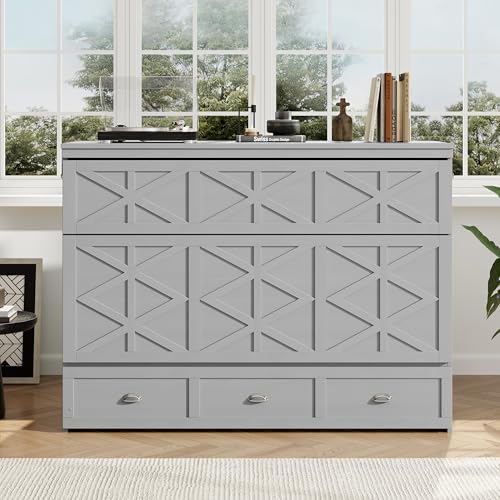 Virubi Queen Farmhouse Murphy Bed with Storage Drawer and Charging Station,Wood Folding Hidden Murphy Chest Bed Cabinet for Adults,Space Saving (Gray)