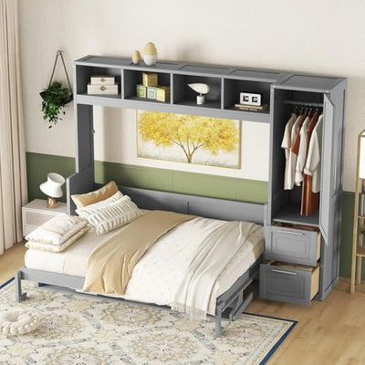 MERITLINE Queen Murphy Bed with Wardrobe Closet,2 Drawer,4 Storage Open Shelves,Wood Folding Murphy Wall Bed Cabinet (Grey)