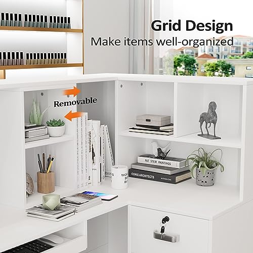 LEADZM Reception Desk, L Shaped Standing Front Desk Reception with Counter, Lockable Drawers & Adjustable Shelf for Salon Office, White(55.9"" W x 18.9"" D x 48"" H), LZRD001 LEADZM