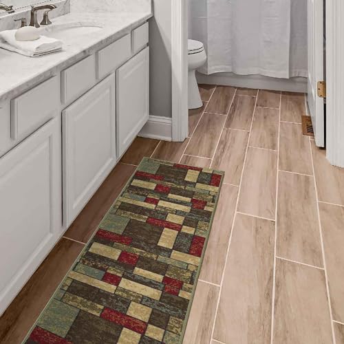 Machine Washable Boxes Design Non-Slip Rubberback 3x10 Traditional Runner Rug for Hallway, Kitchen, Bedroom, Living Room, 2'7" x 9'10", Boxes Multicolor Ottomanson