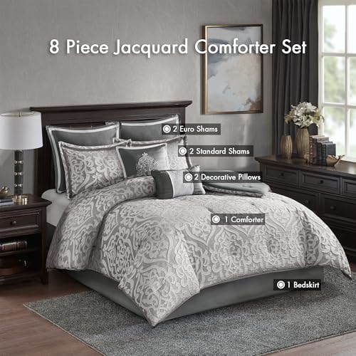 Madison Park Odette Cozy Comforter Set Jacquard Damask Medallion Design - Modern All Season, Down Alternative Bedding, Shams, Decorative Pillows, Queen(90 in x 90 in), Silver 8 Piece Madison Park
