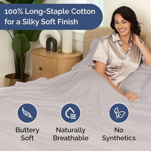 Full 400 Thread Count 100% Cotton Flat Sheet - Comfortable, Cooling & Breathable Cotton - Top Flat Sheet Only - Luxury Hotel Quality Bedding - Extra Soft & Comfy - Easy Care, Wrinkle Free - Light Grey CGK Unlimited