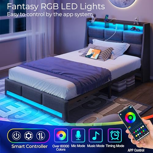 Rolanstar Twin Size Bed Frame with LED Lights and Charging Station, Upholstered Bed Storage Headboard & Drawers, Heavy Duty Wood Slats, Easy Assembly Rolanstar