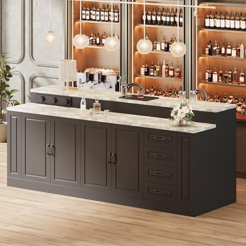 ROMSHINE 94.5" Large Bar Table Kitchen Station, Home Bar Unit with 3 Charging Socket, 4 Drawers & 2-Tier Shelf, Bar Cabinets Reception Desk for Home Pub Kitchen Storage, Black & Marble Pattern