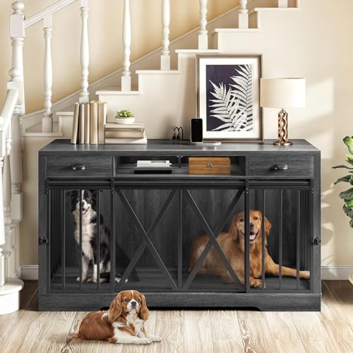 DWVO 63 Inch Double Dog Crate Furniture for 2 Dogs, Heavy Duty Wooden Dog Crate TV Stand with Charging Station, Dog Kennel Indoor Furniture Double Sliding Barn Door Design Ideal for 2 Dogs, Oak DWVO