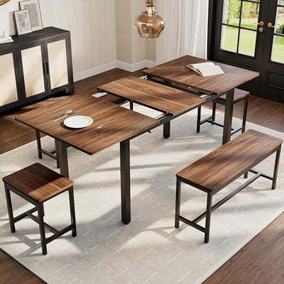 IDEALHOUSE 5-Piece Extendable Dining Table Set for 4-8 People, 63 Inch Kitchen Table with 2 Benches & 2 Stools, Space Saving Modern Dining Room Furniture, Easy Assembly, Brown