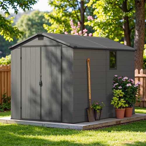 Greesum 6×10FT Plastic Outdoor Storage Shed with Floor, Resin Storaged Sheds with Lockable Double Door, Windows & Vents, All-Weather Tool Sheds for Garden, Backyard, Patio, Dark Gray Greesum