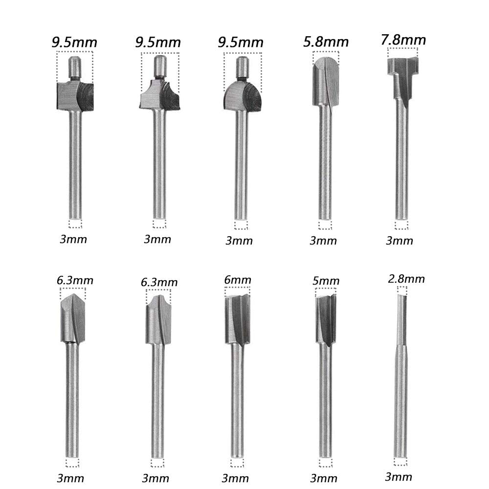 Mesee 10Pcs HSS Router Bits 1/8"(3mm) Shank Carbide Engraving Bit Set Fit Rotary Tool Tools for DIY Woodworking Edge Grooving Carving Milling Trimming Mesee