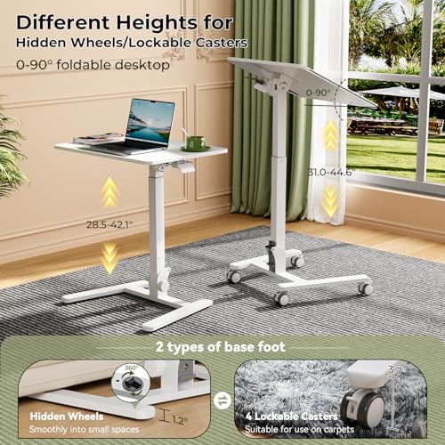 Gibbon Mounts Foldable Standing Desk,Small Mobile Sit-Stand Desk with 90 Tiltable Top,Rolling Rising Laptop Workstation Adjustable Height,Portable Table on Hidden Wheels/4 Lockable Casters,White Gibbon Mounts