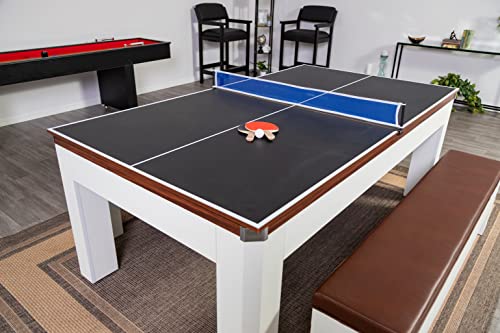 Hathaway Newport 7-ft Pool Table Tennis Combination with Dining Top, Two STO Newport II 7-ft Pool Table Combo Set with Benches - White with Camel Feltrage Benches with Accessories - Walnut Hathaway