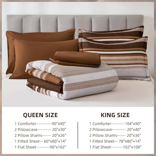 Dobuyly Brown Comforter Queen Size 7 Pieces, Boho Striped Bed in a Bag Set, Soft Microfiber Bedding Set with Comforter, Sheets, Pillowcases & Shams Dobuyly