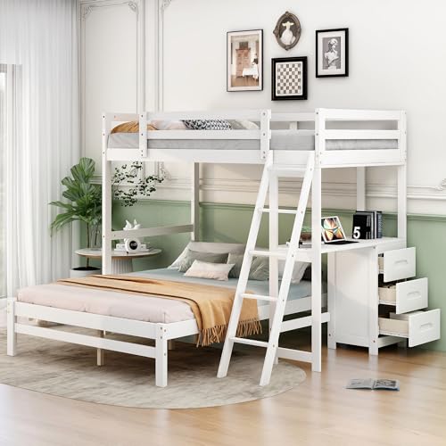 KTATK Twin Over Full Bunk Bed with Built-in Desk and Three Drawers,Pine Wood Convertible Twin Over Full L-Shaped Loft Bunk Bed Frame for Kids Teens Adults,White KTATK