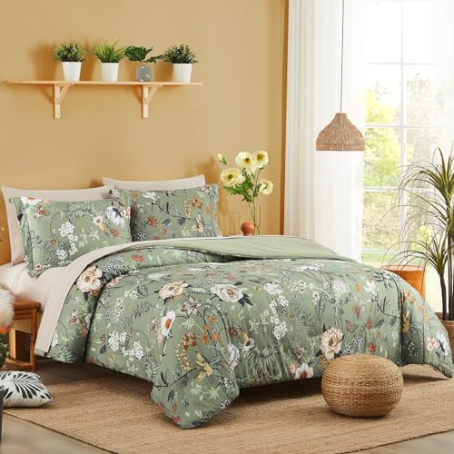 CASAAGUSTO Full Size Comforter Sets-7 Pieces Green Floral Bedding Sets, Bed in a Bag Full with Botanical Butterfly Comforter, Sheets, Pillowcases & Shams for All Seasons CASAAGUSTO