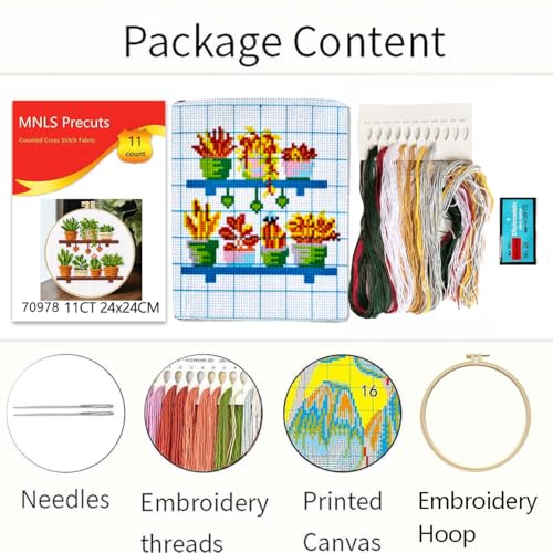 Zhenqing Wooden Plant Shelf Cross Stitch Kit for Beginners, 11CT Printed 24x24cm with Hoop, 6 Potted Succulent Embroidery Set (70978)