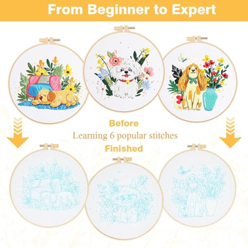 GLTAYLMY Cute Dogs Embroidery Kit for Beginners with Pattern and Instructions,3 Pack Cross Stitch Kits,1 Plastic Embroidery Hoops,Threads and Needles,Needlepoint Kit for Adults