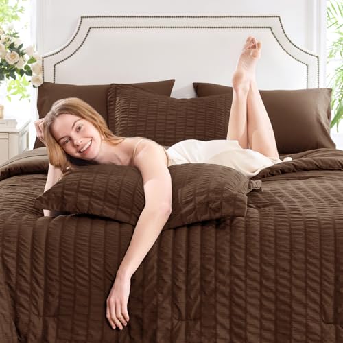 CozyLux Queen Comforter Set Brown Seersucker 7 Pieces Bed in a Bag Queen Comforter Set with Sheets, Luxury Soft Bedding Set with Down Alternative Comforter, Sheets, Pillowcases & Shams for All Seasons CozyLux