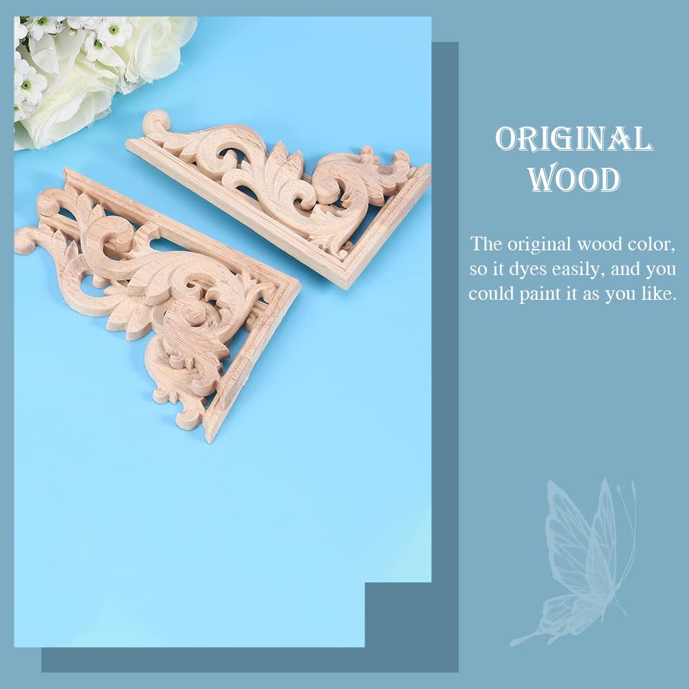 EXCEART 2Pcs Solid Wood Long Flower Piece Wall Applique Wood Carved Applique Door Wood onlays Onlay Applique Frame Furniture Wooden Appliques Corner EXCEART