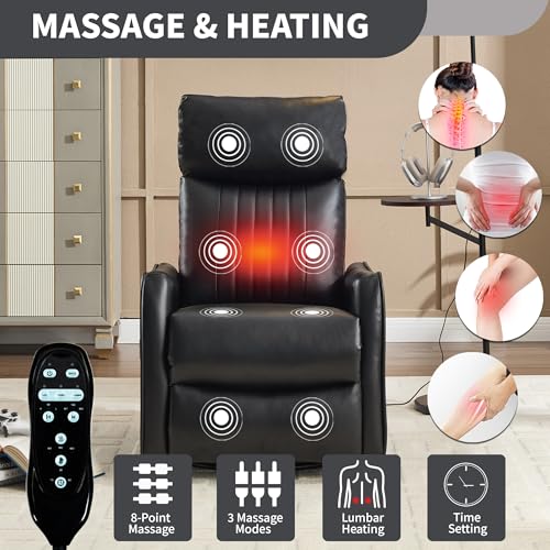 High Back Massage Recliner with Heat - Swivel Rocking Chair for Small Spaces, Manual Lazy Boy Recliner for Adults, Perfect for Living Room & Bedroom, Soft Fabric (Black PU)