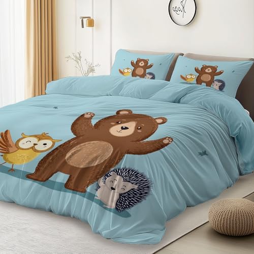 Aesthetic Bedding Blue Duvet Cover Single Size, Reversible Cartoon Animals Minimalist Bedding Set 3 Pcs – Soft Microfiber Comforter Cover with 2 Pillow Shams Generic