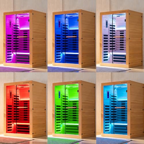 WOODBRIDGE Infrared Home Sauna Room 2 Person Hemlock Wooden Indoor Sauna,7 Carbon 1980W/120V Heaters,with Led Color Therapy Light,Bluetooth Speaker,Tempered Glass,Touch-Tone Keypad and A Top Vent WOODBRIDGE