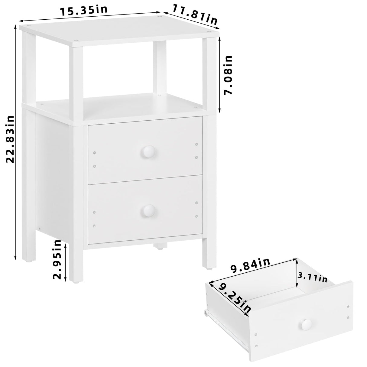 Lerliuo White Night Stand, Small Nightstand with 2 Wood Drawers and Storage Shelf, Modern Bedside Table with Wooden Frame, Rustic Couch Nightstand for Small Spaces, Narrow End Tables for Bedroom Lerliuo