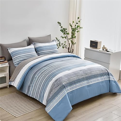 KAKIJUMN 5 Piece Bed in a Bag Stripe Comforter Set Twin Size, White Grey Blue Striped Comforter and Sheet Set, All Season Soft Microfiber Complete Bedding Set(Light Blue,Twin) KAKIJUMN