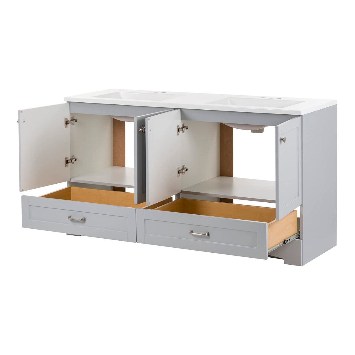 Spring Mill Cabinets Emlyn 60 Inch Double-Sink Bathroom Vanity with White Top, 2 Cabinets, 2 Drawers, 60.5" W x 18.75" D x 32.89", Pearl Gray Spring Mill Cabinets