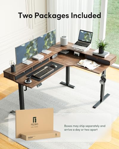 FEZIBO L Shaped Electric Standing Desk, 63x48 inch Large with Drawers | Reversible Tabletop, 2 Memory Height Settings | Home Office & Gaming Height-Adjustable Table, Black Walnut(2 Packages) FEZIBO