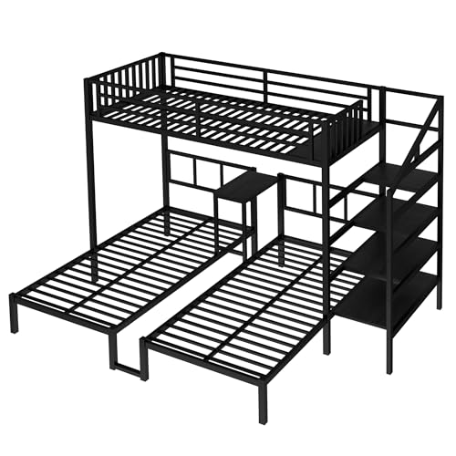 Bellemave Twin Over Twin Over Twin Bunk Bed for 3 Kids, Heavy Duty Triple Bunk Beds with Storage Stairs, Desk and Guardrails, Noise Free Design Triple Bed Frame, Black Bellemave