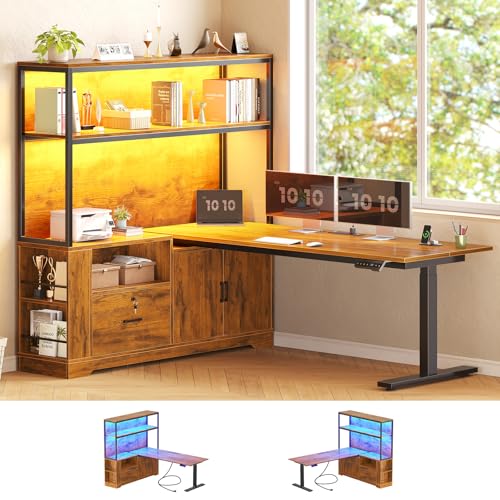 SEDETA 56.7" L Shaped Standing Desk, Reversible Computer Office Desk with Drawers & Hutch, Stand Up Corner Gaming Desks with LED Lights & Power Outlets for Home Office, Rustic Brown SEDETA