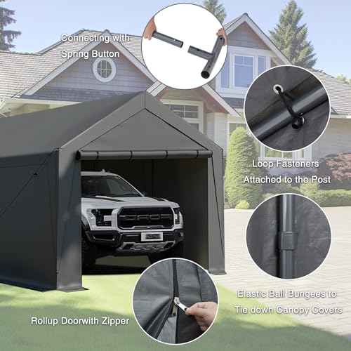 Carport Canopy 10x20 Heavy Duty, Portable Carport Garage with Removable Sidewalls and Door, Car Port with Waterproof Canopy for All Season (Gray) RUIJOROO