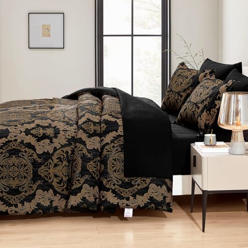 WONGS BEDDING Black Comforter Set California King Size, Gold Damask 7 Pieces Bed in a Bag Microfiber Comforter Bedding Sets -1 Comforter, 1 Flat Sheet, 1 Fitted Sheet, 2 Pillow Shams, 2 Pillowcases WONGS BEDDING